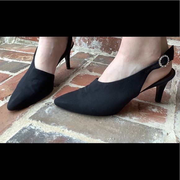 Yves Saint Laurent black fabric sling back heels with rhinestone buckles 7M - Picture 5 of 15